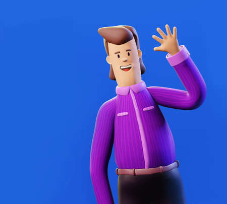Happy, successful business person waves his hand in order to say Hi. 3D render illustration. Business, banking, consulting, business start up concept.の写真素材