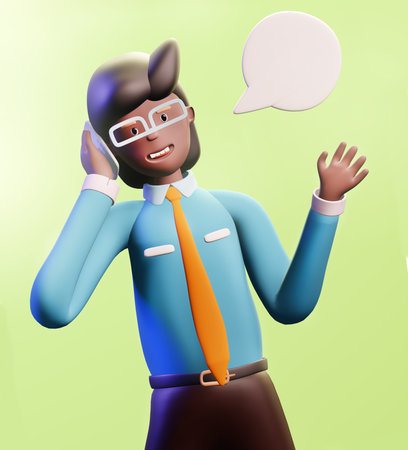 Happy, successful businessman waves his hand in order to say Hi and talking on the phone. 3D render...