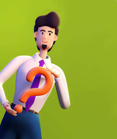 Successful business person holds question mark. 3D render illustration. Business, solving problems, consulting, business start up concept.の写真素材