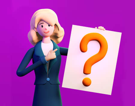 Successful business person holds question mark. 3D render illustration. Business, solving problems, consulting, business start up concept.の写真素材