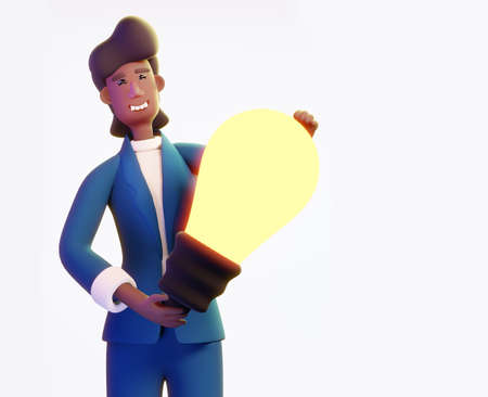 Successful businessman holds light bulb as symbol of new idea and inspiration.  3D render illustration. Business, solving problems, consulting, business start up concept.の写真素材