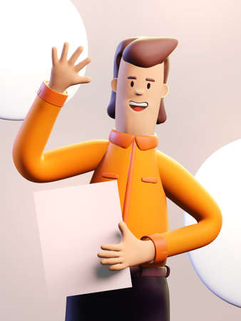 Happy, successful businessman waves his hand in order to say Hi. 3D render illustration. Business, banking, consulting, business start up concept.の写真素材