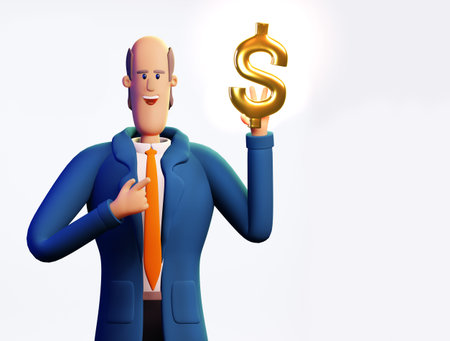 Happy, successful business person holds Golden Dollar sign. 3D render illustration. Business,...