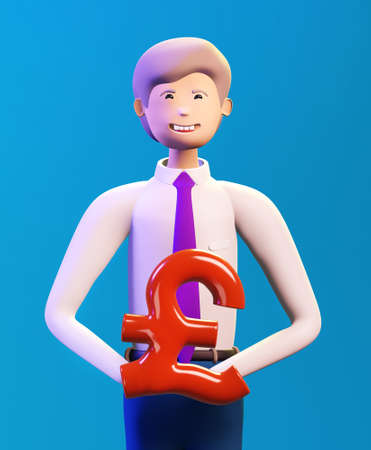 Happy, successful businessman holds  Pound Sterling sign. 3D render illustration. Business, banking, consulting, business start up conceptの写真素材