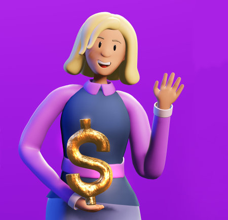 Happy, successful business person holds Golden Dollar sign. 3D render illustration. Business,...