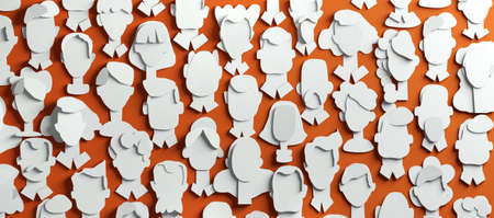 Lots of people's faces made of paper. People different ages and professional backgrounds. Paper cut design 3D renderの写真素材