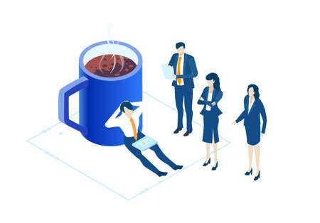 Business people relaxing next to coffee mag. Isometric 3D business environment. Business management infographic. Isometric working spaceのイラスト素材