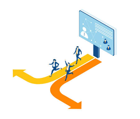 Isometric 3D business environment. Business people running to different directions in order to get the best opportunity in business. Business management infographic. Isometric working spaceのイラスト素材