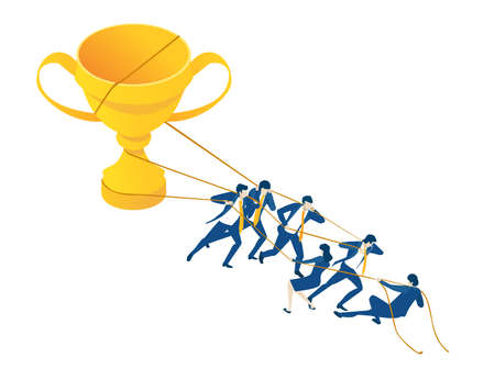 Business people pulling golden trophy. Isometric 3D business environment. Business management infographic. Isometric working spaceのイラスト素材