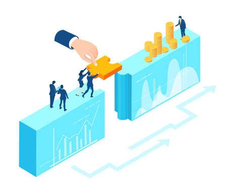 Isometric 3D business environment. Business management infographic. Isometric working space, business people working together with puzzles, making profit, solving problems, help and support conceptのイラスト素材