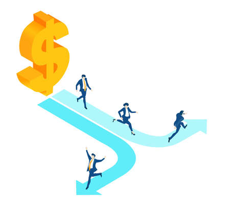 Isometric 3D business environment. Business people running to different directions in order to get the best opportunity in business. Business management infographic. Isometric working spaceのイラスト素材