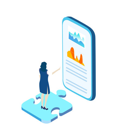 Woman stands informs of mobile phone and working with application. Isometric 3D business environment. Business management infographic. Isometric working spaceのイラスト素材