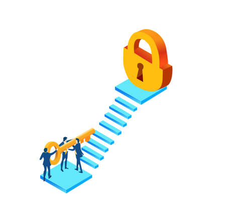 Business people, team try to open lock with golden key. Isometric 3D business environment. Business management infographic. Isometric working spaceのイラスト素材