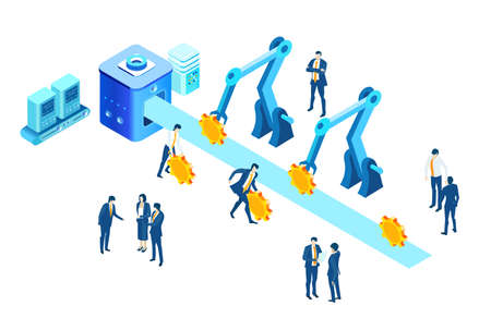 Isometric 3D business environment. Business management infographic. Isometric working space with conveyer belt and lots of busy business peopleのイラスト素材