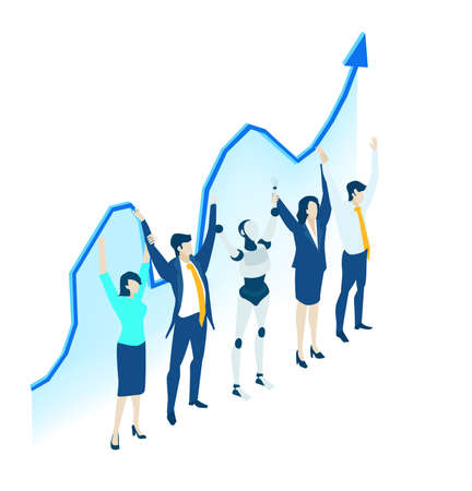 Isometric 3D business environment. Business management infographic. Isometric working space, business people working together with robotsのイラスト素材