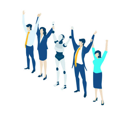 Isometric 3D business environment. Business management infographic. Isometric working space, business people working together with robotsのイラスト素材
