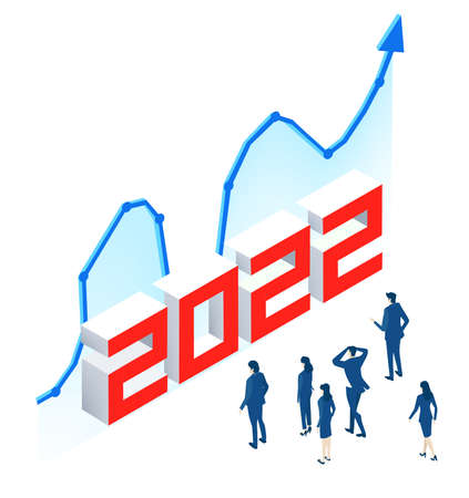 New 2022 year, business perspectives. Success, grows, new start ups. Isometric 3D business environment. Business management infographic. Isometric working spaceのイラスト素材