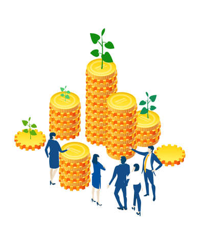 Business people working around golden coins stacks, finance, banking, investment strategy concept. Isometric 3D business environment. Business management infographic. Isometric working spaceのイラスト素材