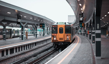 London, UK - 3 February, 2021: Train arriving to London bridge station, no people empty platform. Generally busiest station of the City of London now empty due to Covid lockdownのeditorial素材