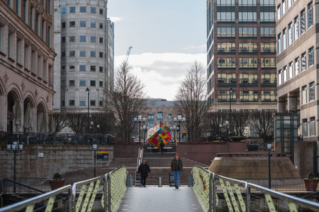 London, UK - 5 February 2021: Empty streets of Docklands, Canary Wharf financial area