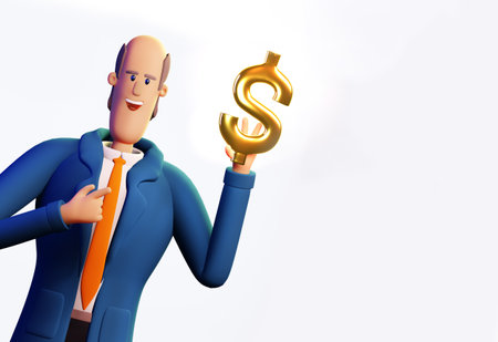Happy, successful businessman holds  dollar sign. 3D render illustration. Business, banking, consulting, business start up conceptの写真素材
