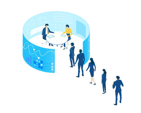 Isometric working space, business people working together in server room, generating fresh content and new ideas. Isometric 3D business environment. Business management infographic.のイラスト素材