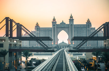 Dubai, UAE United Arabs Emirates - 29 May, 2019: Atlantis hotel and light rail view at sunsetのeditorial素材