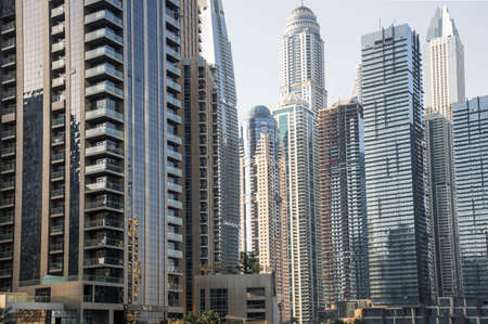 Dubai, UAE United Arabs Emirates - 29 May, 2019: Dubai marina skyscrapers at sunset. View at apartment buildings, hotels and office blocks, modern residential development of UAEのeditorial素材
