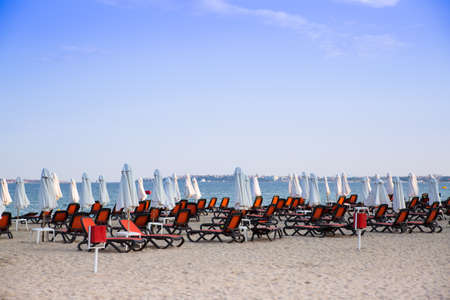 Bulgaria, Sunny beach - July 18, 2019: Empty sandy beaches of Bulgaria. No peopleのeditorial素材