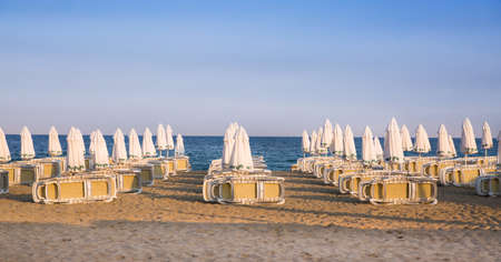 Bulgaria, Sunny beach - July 18, 2019: Empty sandy beaches of Bulgaria. No peopleのeditorial素材