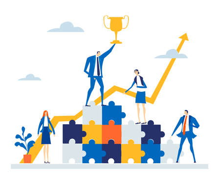 Business man holds golden trophy up and stands at the wall made of puzzle pieses, as symbol of finding solution. Business concept illustrationのイラスト素材