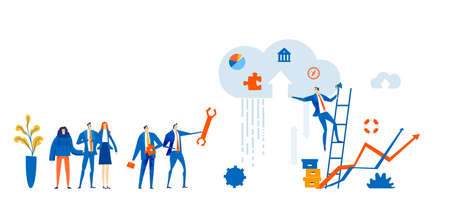 Businessman and the cloud. Work online, technology and internet security concept. Business illustrationのイラスト素材