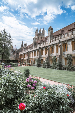 Oxford, UK - June 2, 2021: Magdalen college (1458) Great Tower and galleries view from the inner...