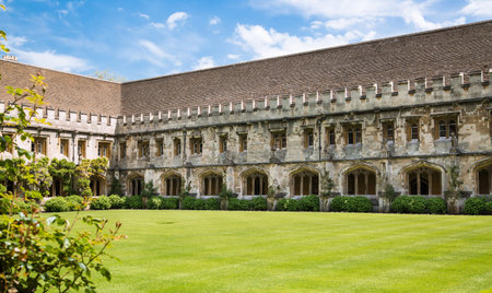 Oxford, UK - June 2, 2021: Magdalen college (1458) Great Tower and galleries view from the inner...