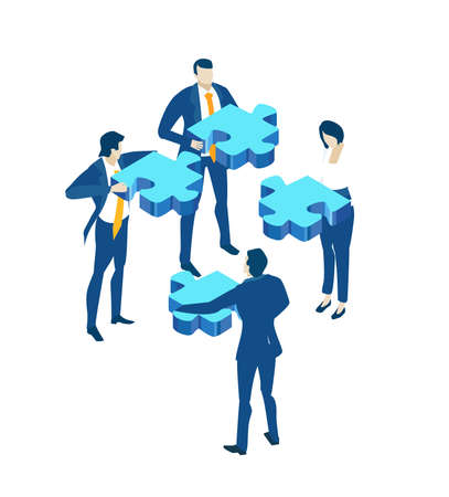 Business people working with puzzles, solving problems, find solution and unique approach. Business concept illustrationのイラスト素材