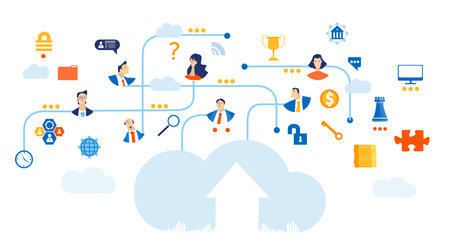 Business background made of lots communication icons. Infographic. People work online, life in cloud...