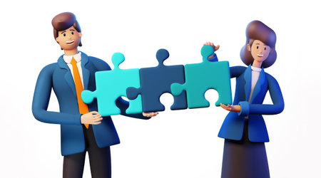 3D Rendering Illustration. Successful business people with puzzles happy, smiling and showing...