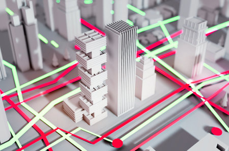 3D Rendering Abstract city. Modern City plan, streets and skyscrapers with  traffic lights and tube lines. Business planning, investment strategy and movers business life conceptの写真素材