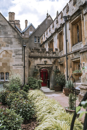 Oxford, UK - June2, 2021: Magdalen college (1458). Inner yard and campus buildings. Oxford...
