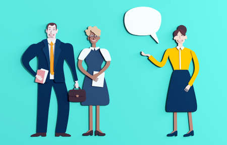 Talking business people and speech bubbles. Background with business people made of paper. Paper cut design 3D rendering illustrationの写真素材