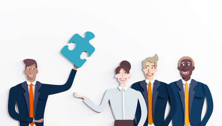 Background with business people made of paper. Business people with puzzle pieces. Paper cut design, 3D rendering illustrationの写真素材