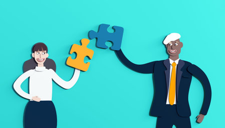Background with business people made of paper. Business people with puzzle pieces. Paper cut design,...