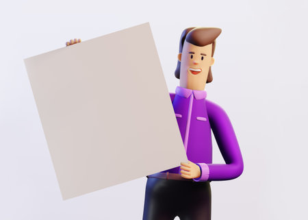 Happy successful businessman holds up banner, white background with space for text. 3D rendering...