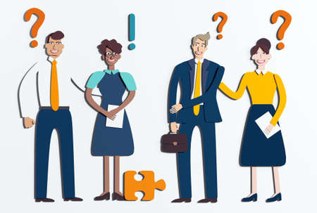 Background with business people made of paper. Business people talking and negotiating the deal.  Paper cut design 3D rendering illustrationの写真素材