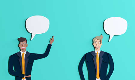 Talking business people and speech bubbles. Background with business people made of paper. Paper cut design 3D rendering illustrationの写真素材