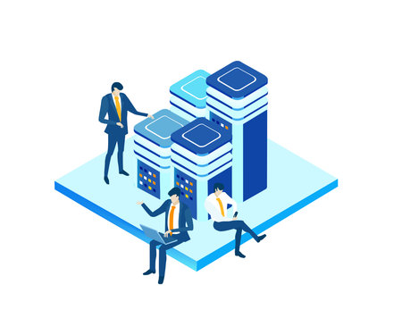 Data center concept with business people. Isometric working space, business people working together...