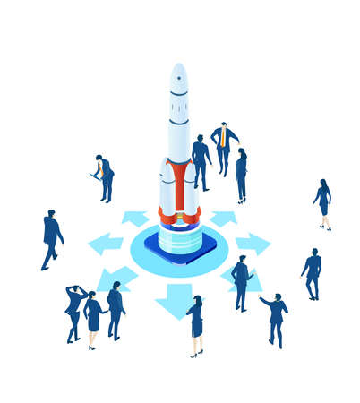 Business people having a meeting next to big rocket, which is ready to be launched. New start up. Isometric iconographic of business working space with people, business conceptのイラスト素材