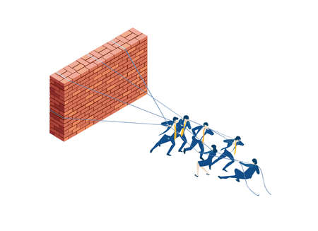 Business people try to move heavy brick wall. Partnerships.  New start up. Isometric iconographic of business working space with people, business conceptのイラスト素材