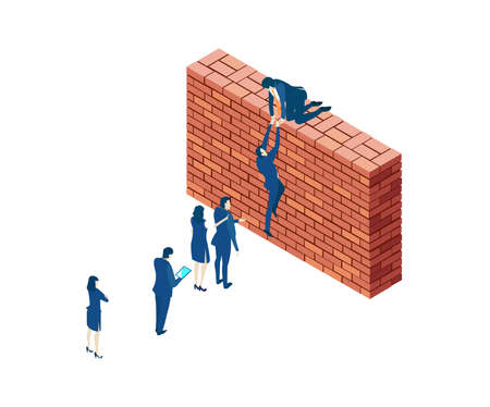Business people try to get on top of brick wall. Partnerships.  New start up. Isometric iconographic of business working space with people, business conceptのイラスト素材