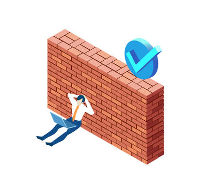 Business man relaxing next to brick wall. Partnerships.  New start up. Isometric iconographic of business working space with people, business conceptのイラスト素材